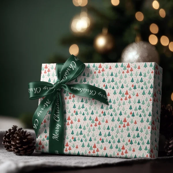 Box wrapped in white dotted tree paper with a satin ribbon bow, Christmas tree lights behind