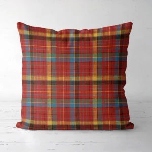 Multicolor plaid Christmas pillow, front view, red flannel check with gold and blue bands