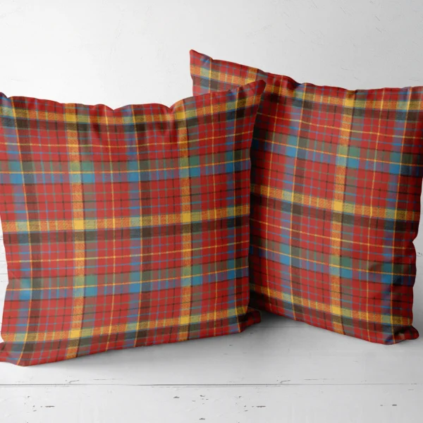 Two multicolor plaid throw pillows side by side