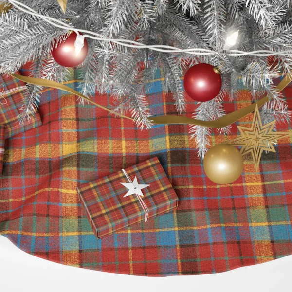 Close-up of red, mustard, sky blue, forest green and near-black plaid bands