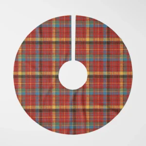 Multicolor plaid tree skirt laid flat, top view of a red flannel check with gold and blue bands