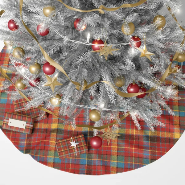 Red flannel plaid tree skirt under a lit Christmas tree with wrapped gifts