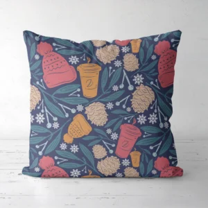 Navy cozy winter pillow standing on a white floor, front view