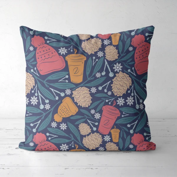 Navy cozy winter pillow standing on a white floor, front view