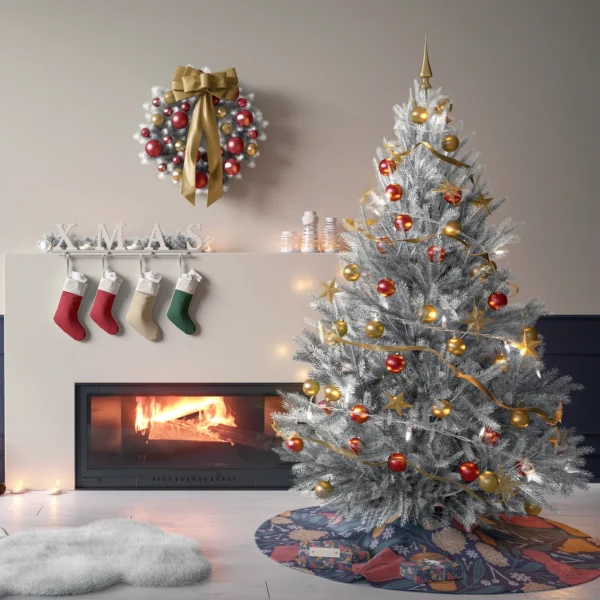 Tree on the navy cozy winter skirt in a living room with cream plaster walls