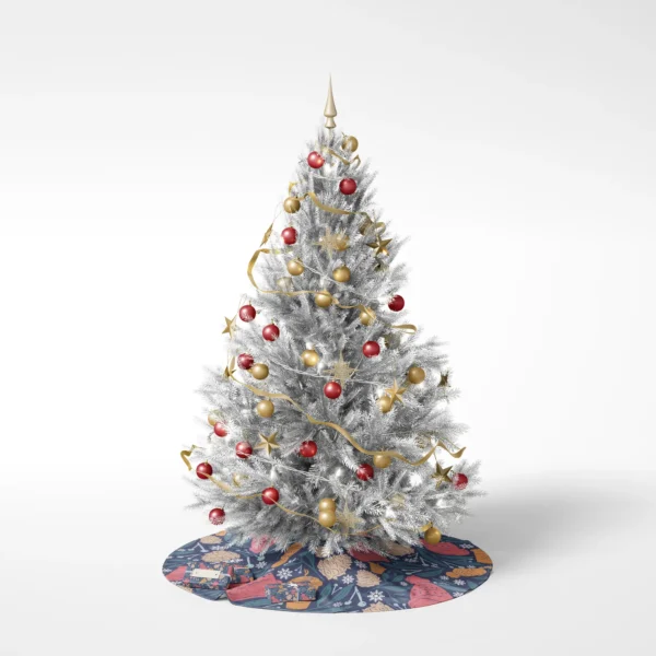 White-background photo of a decorated tree standing on the navy cozy winter skirt