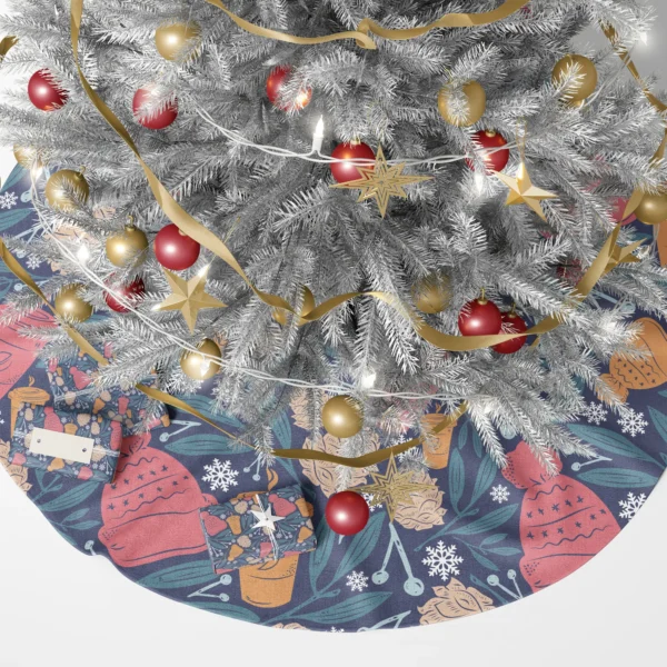 Navy winter tree skirt beneath a lit tree with presents