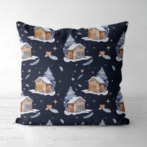 Navy night cabin pillow standing on a white floor, front view