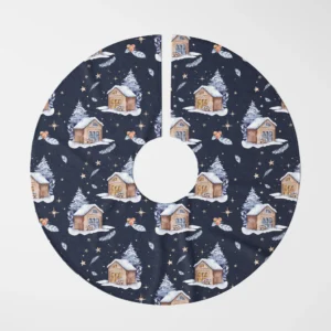 Navy night cabin tree skirt laid flat, top view on white, cabins under gold stars
