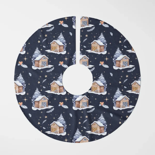 Navy night cabin tree skirt laid flat, top view on white, cabins under gold stars