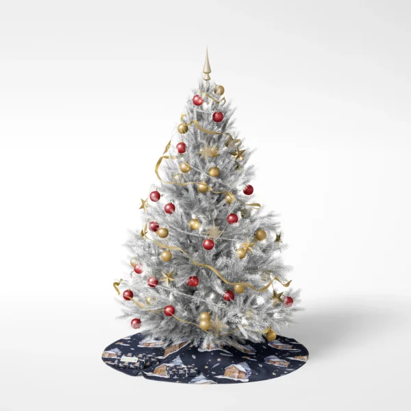 Decorated tree on a white backdrop standing on the navy night cabin skirt