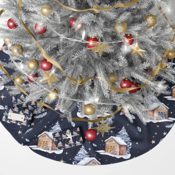 Starry navy cabin tree skirt under a lit tree with wrapped presents