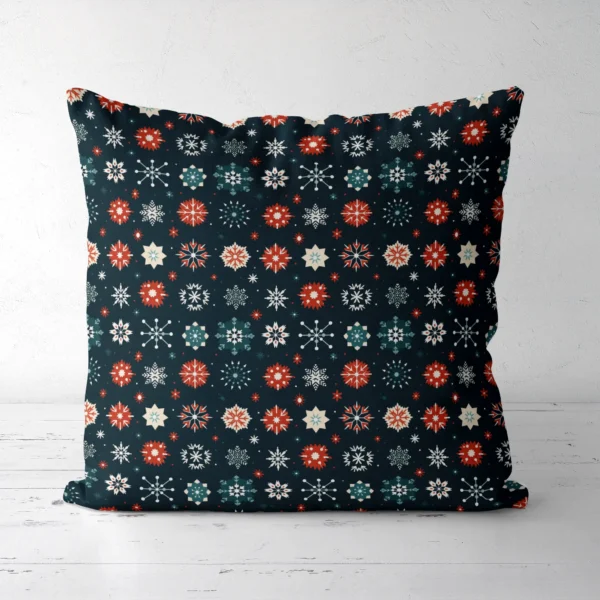 Navy snowflake pillow upright, front showing, white floor beneath