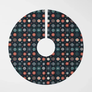 Navy snowflake tree skirt seen flat from overhead on white