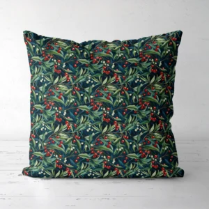 Navy winter berry Christmas pillow, front view, on a white floor