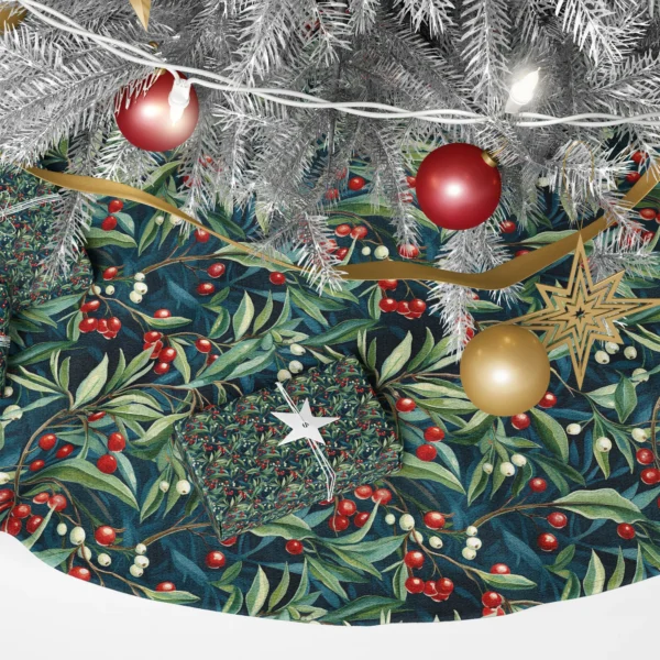 Close-up of the print: glossy red berries and cream berries among slim sage leaves on navy