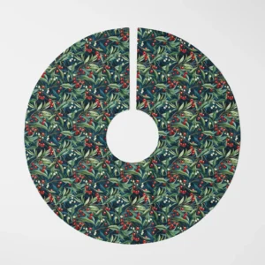 Navy winter berry tree skirt laid flat, top view on white, red and cream berries on navy