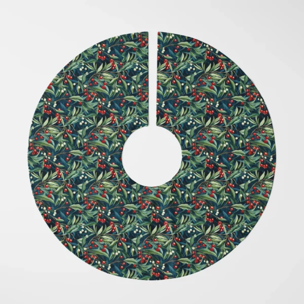 Navy winter berry tree skirt laid flat, top view on white, red and cream berries on navy