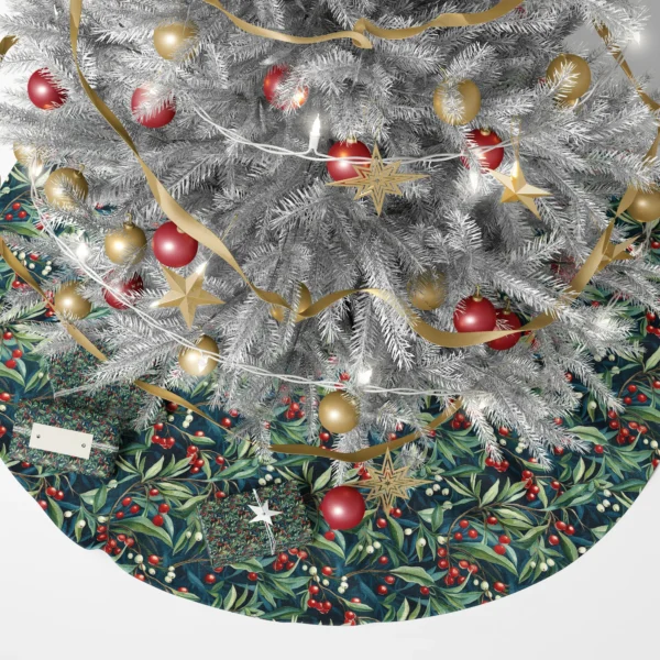 Navy berry tree skirt under a lit Christmas tree with wrapped presents