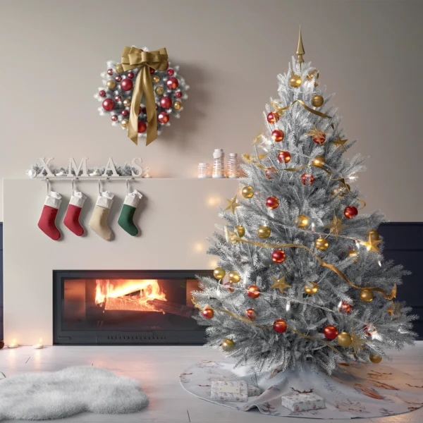 Tree on the pale blue woodland skirt in a living room with cream plaster walls