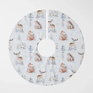 Pale blue woodland animal tree skirt flat from above on white, watercolor deer, fox and bear