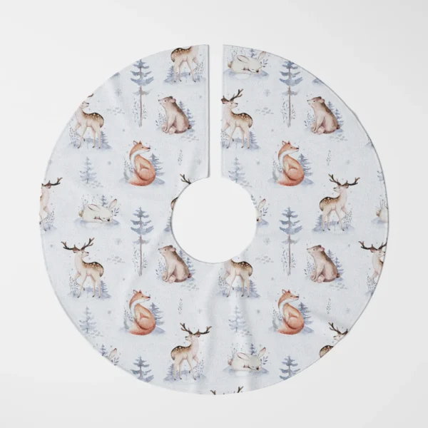 Pale blue woodland animal tree skirt flat from above on white, watercolor deer, fox and bear