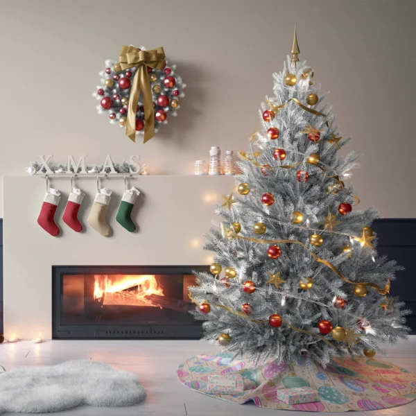 Tree on the cream pastel ornament skirt in a living room with cream plaster walls