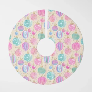 Cream pastel ornament tree skirt laid flat, overhead view on white
