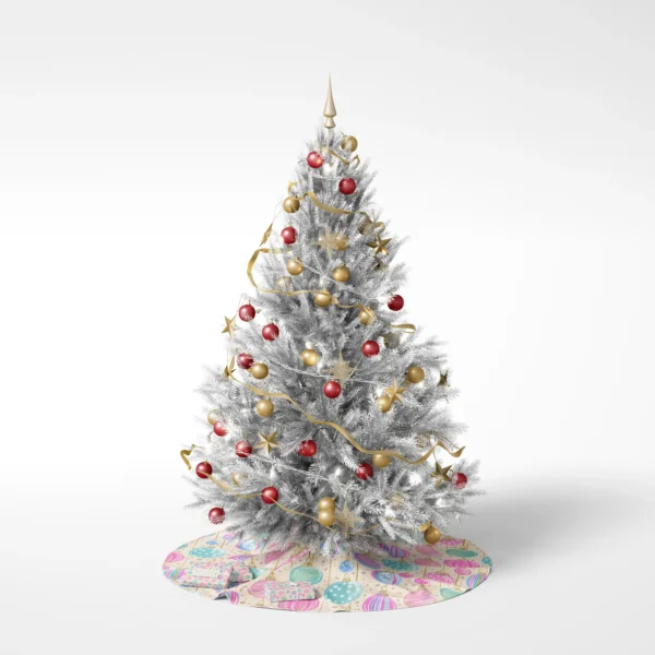 White-background shot of a decorated tree standing on the cream ornament skirt