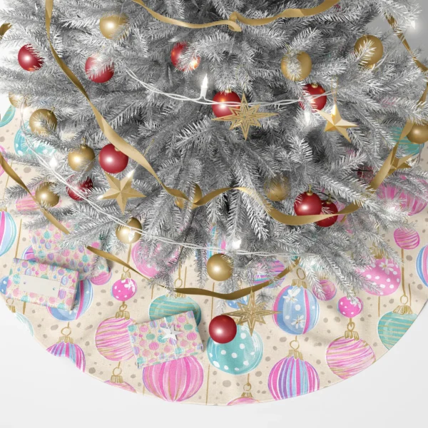 Cream bauble tree skirt under a glowing Christmas tree with wrapped gifts
