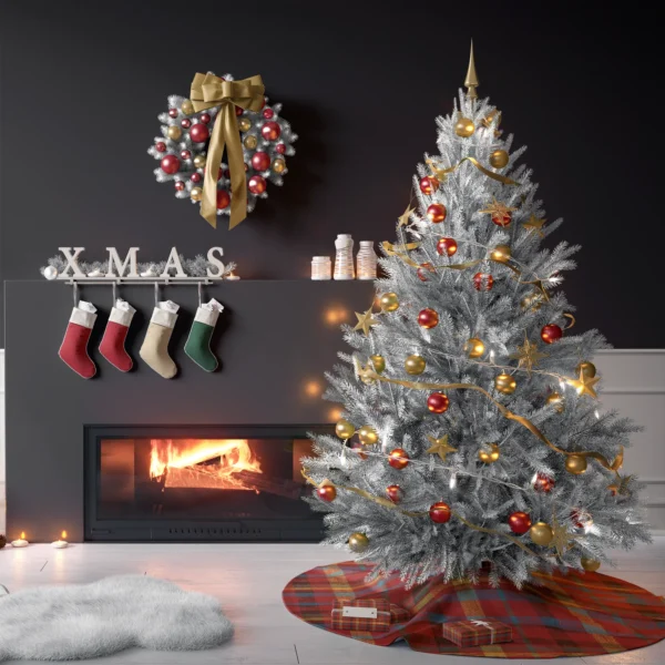 Tree on the patchwork plaid skirt in a living room with charcoal walls