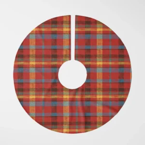 Patchwork plaid tree skirt laid flat, top view of uneven mustard and denim bands on red
