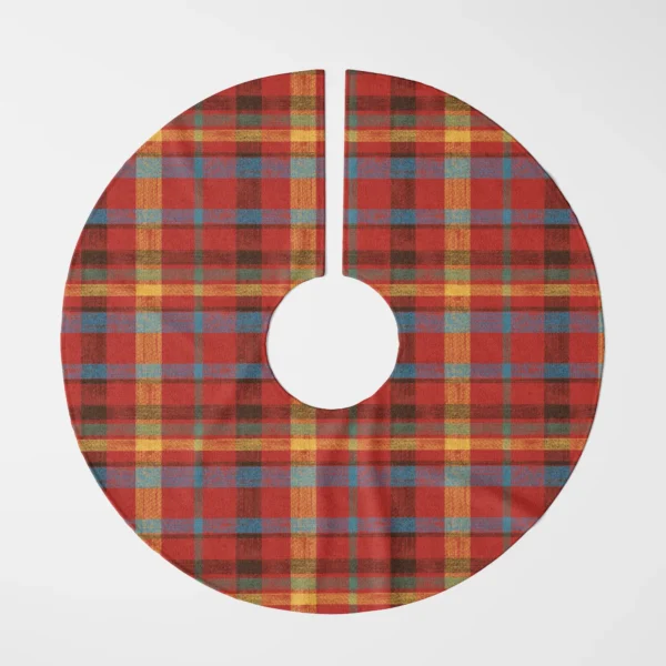 Patchwork plaid tree skirt laid flat, top view of uneven mustard and denim bands on red