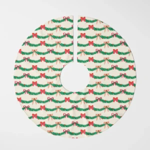 Pine garland tree skirt lying flat, top view on a white background