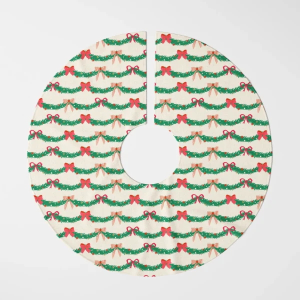 Pine garland tree skirt lying flat, top view on a white background