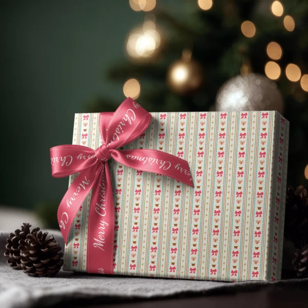 Box wrapped in pink bow striped paper with a pink satin ribbon bow, pine cones and tree lights behind
