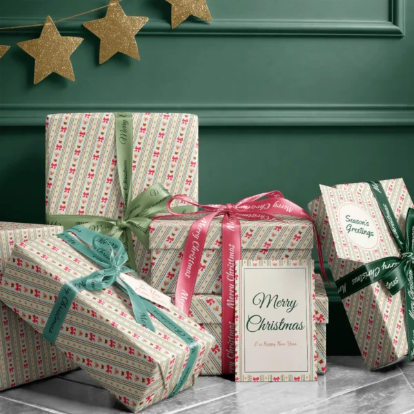 Stack of presents in pink bow stripe paper with ribbons and a Merry Christmas card by a dark green wall