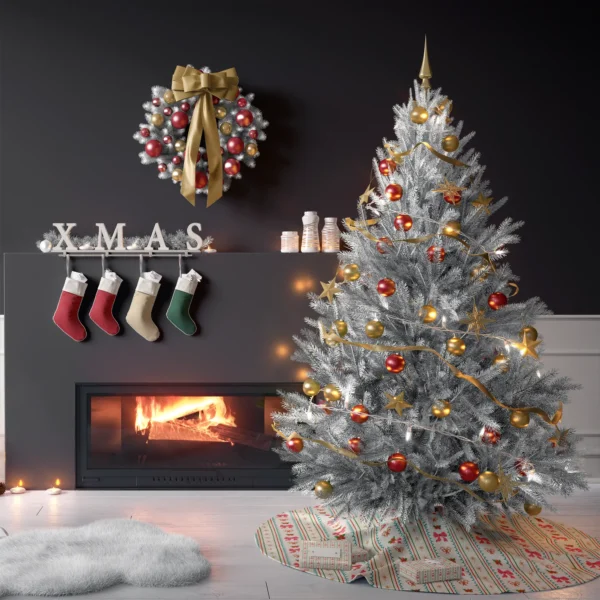 Tree on the pink bow stripe skirt in a living room with charcoal walls