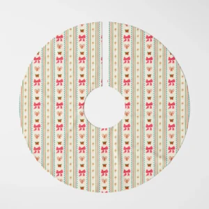 Pink bow stripe tree skirt laid flat, seen from above on a white background
