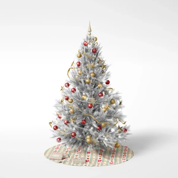 Decorated Christmas tree on a white backdrop standing on the pink bow stripe skirt
