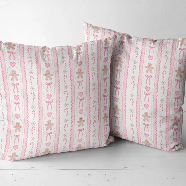 Two pink gingerbread throw pillows side by side