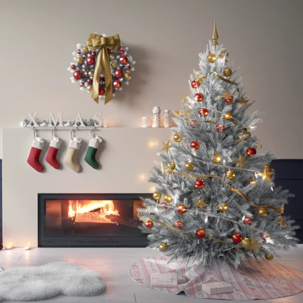 Tree on the pink gingerbread skirt in a living room with cream plaster walls