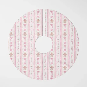 Pink gingerbread tree skirt laid flat, top view on a white background