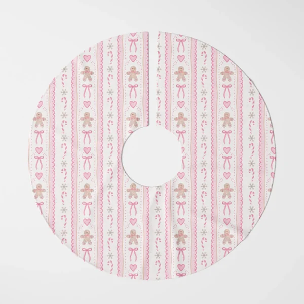 Pink gingerbread tree skirt laid flat, top view on a white background