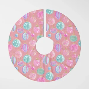 Pink pastel ornament tree skirt shown flat from above on white