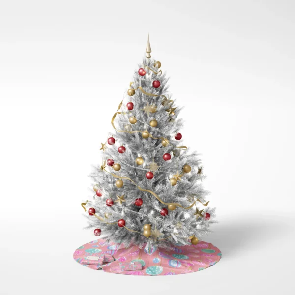 Decorated tree on a white background resting on the pink ornament skirt