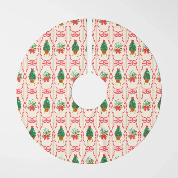Pink ribbon frame tree skirt lying flat, top view on white