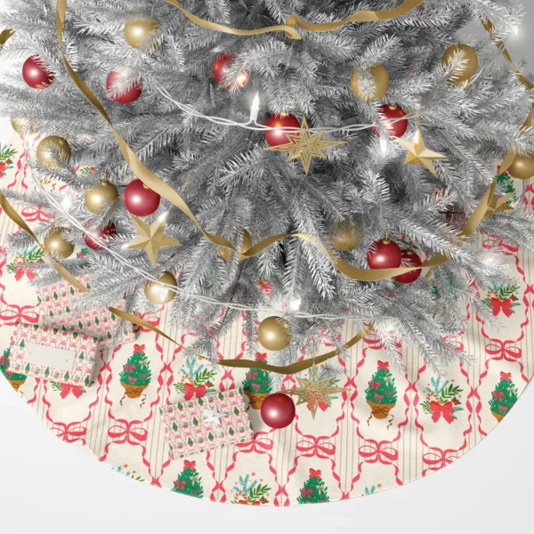 Pink ribbon frame tree skirt under a lit Christmas tree with presents