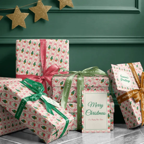 Stack of presents in pink ribbon frame paper with ribbons and a Merry Christmas card by a dark green wall