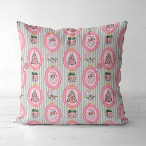 Pink Santa cameo pillow, front facing, on a white floor